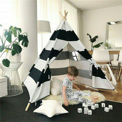 Kids Teepee Tent Linen Wood Black White Stripe Playhouse Indoor Garden