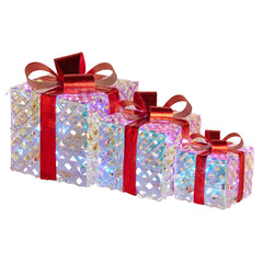 Christabelle Set of 3 Christmas Gift Boxes With Lights - Clear Shimmer With Red Bows