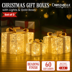 Christabelle Set of 3 Battery Operated Golden Christmas Gift Boxes w/Warm White LED Lights Indoor Decorative Holiday