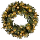 Christabelle 76cm Christmas Wreath Glittery Tipped with LED Lights and Golden Baubles Front Door Decoration Ornament