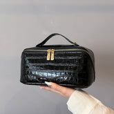 Black Chic Croc-Embossed Travel Makeup Case Large Capacity Cosmetic Organizer Bag