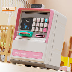 Kids Electronic ATM Piggy Bank with Simulated Facial Recognition & Password - Auto Roll-in Banknote & Coin Money Box for Financial Learning(pink)