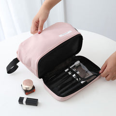 Pink Chic Dual-Compartment Makeup & Toiletry Bag - Large Capacity Travel Organizer with Brush Holder