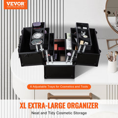 VEVOR Makeup Train Case 370MM Large Portable Cosmetic Case, 6 Tier Trays Professional Makeup Storage Organizer Box Make Up Carrier with Handle And Strap Travel Case for Women and Girls - Black