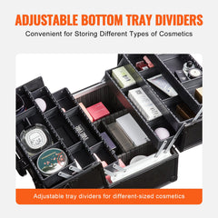 VEVOR Makeup Train Case 370MM Large Portable Cosmetic Case, 6 Tier Trays Professional Makeup Storage Organizer Box Make Up Carrier with Handle And Strap Travel Case for Women and Girls - Black