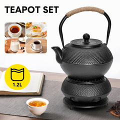 1.2L Cast Iron Teapot and Warmer Set Tea Kettle Iron Bottle With Stainless Steel Mesh Infuser and Anti-Scald Handle Compatible with Multi-Heat Source Black