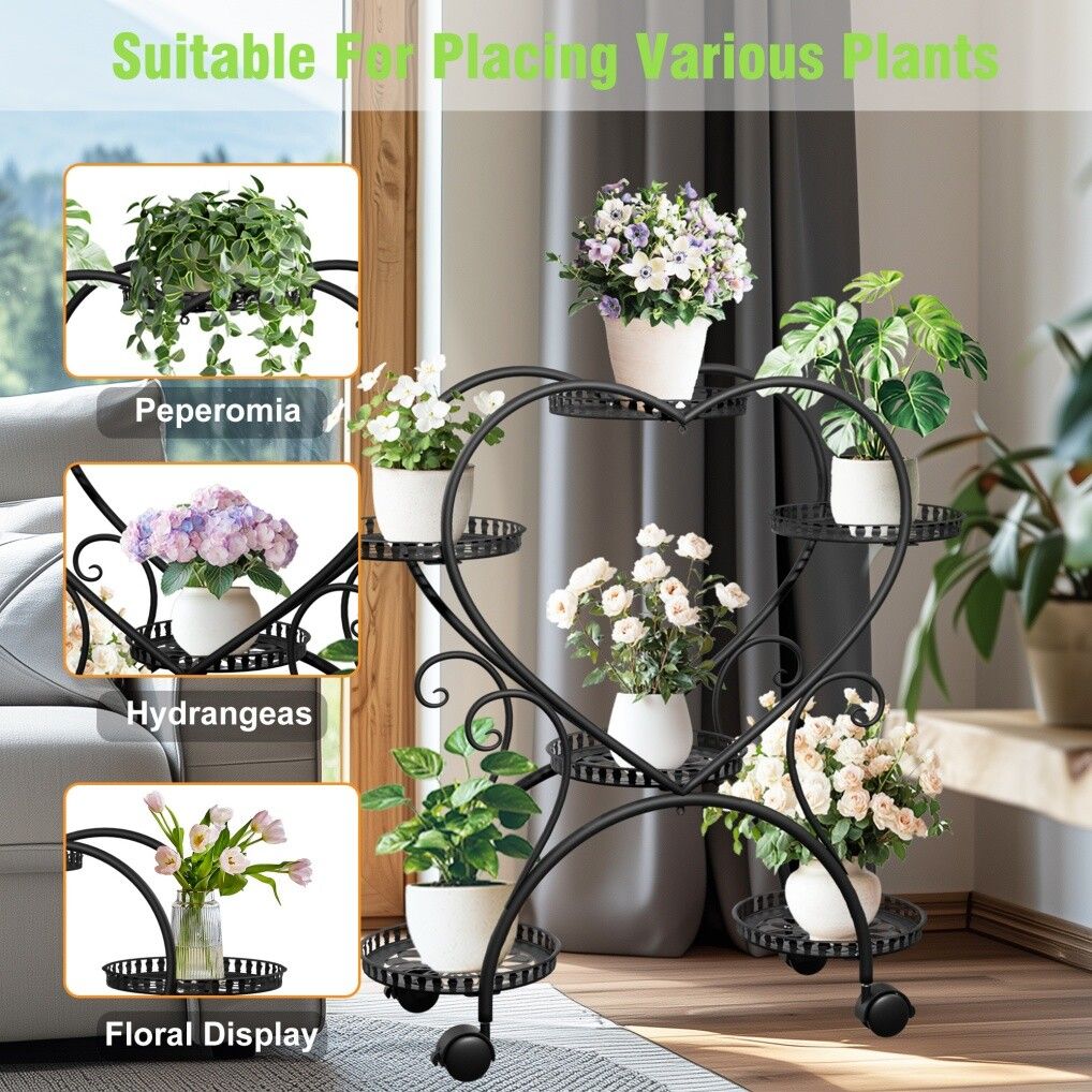 Rolling Metal Plant Stand Indoor Outdoor Garden Display Shelf