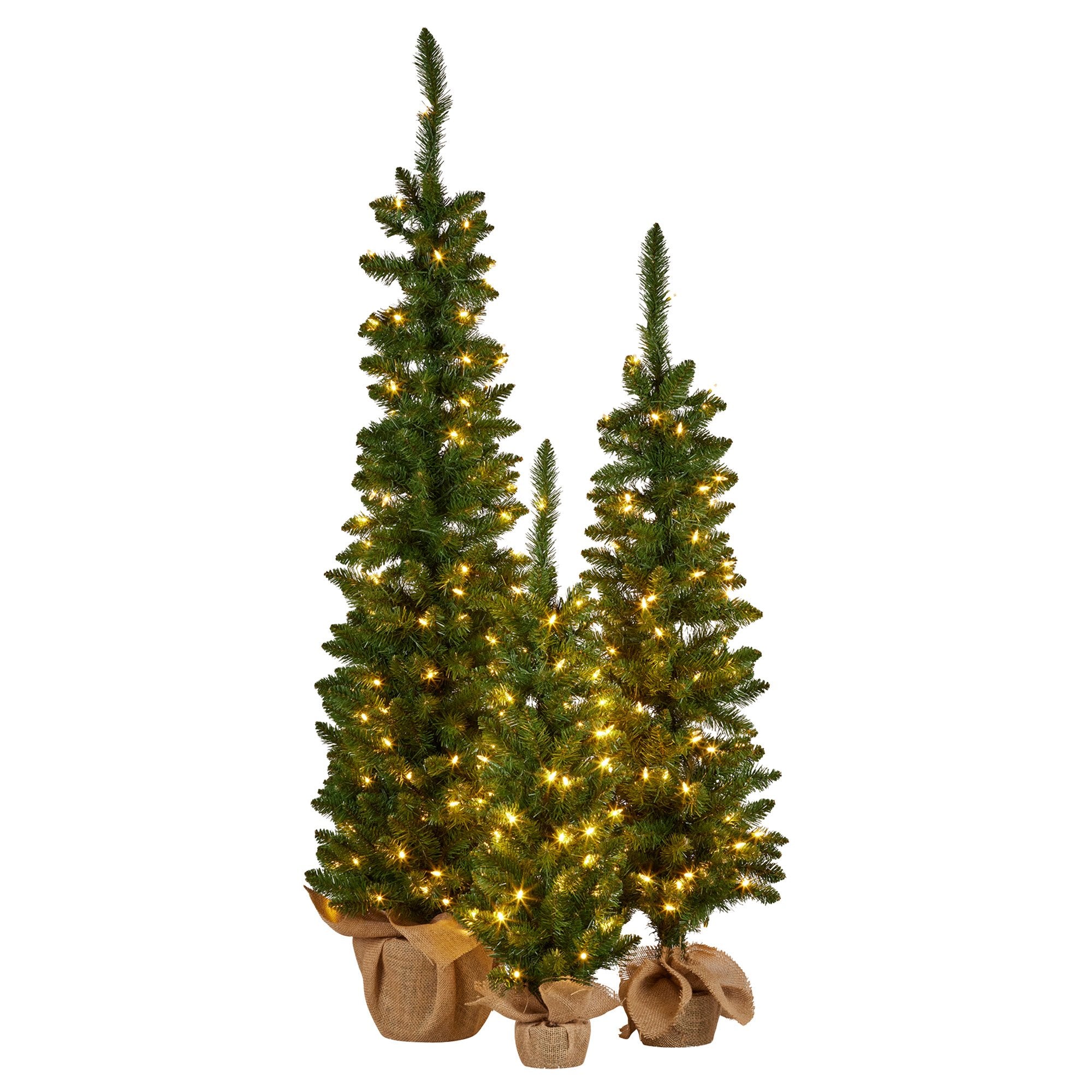 Christabelle Set of 3 Pre-Lit Christmas Trees Green Pine w/LED Lights, Hessian Base & Individual Plugs Varying Heights