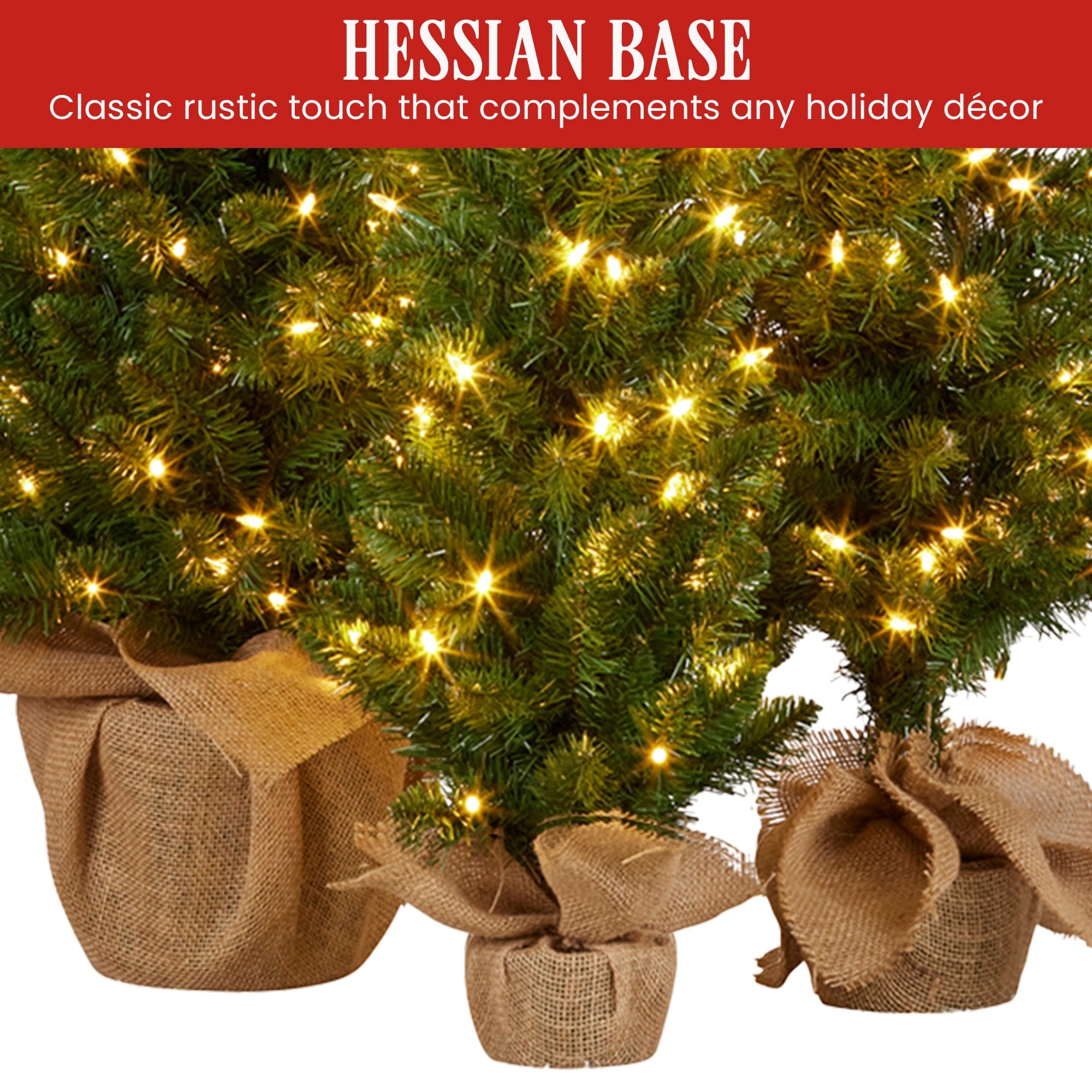Christabelle Set of 3 Pre-Lit Christmas Trees Green Pine w/LED Lights, Hessian Base & Individual Plugs Varying Heights