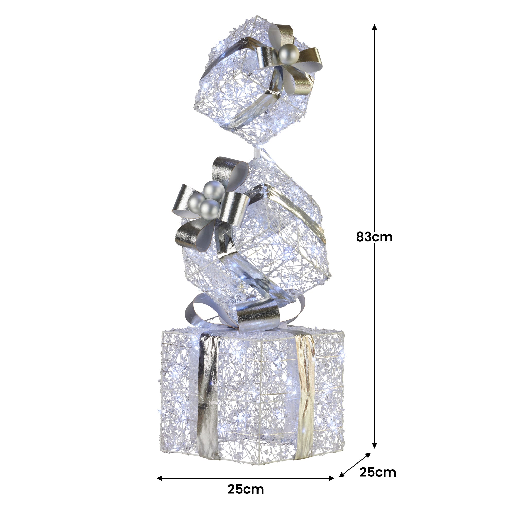 Christabelle 83cm Triple Christmas Silver Giftbox Stack Display with Lights
