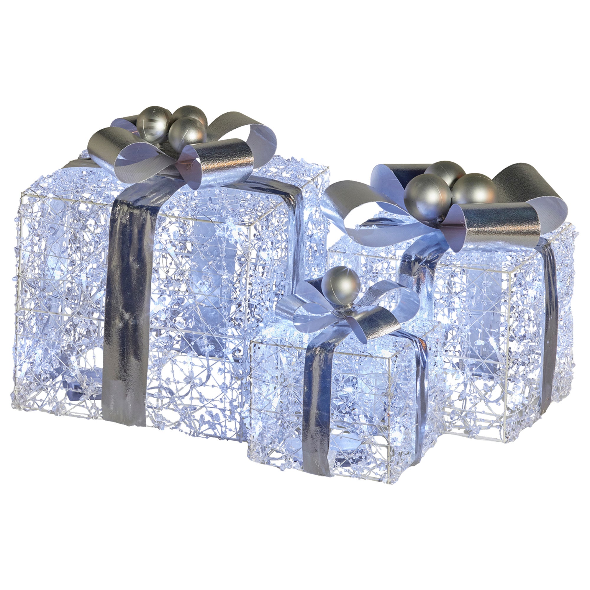 Christabelle Swishmas Set Of 3 Christmas Gift Boxes With Lights With Jewelled Wire And Silver Bows