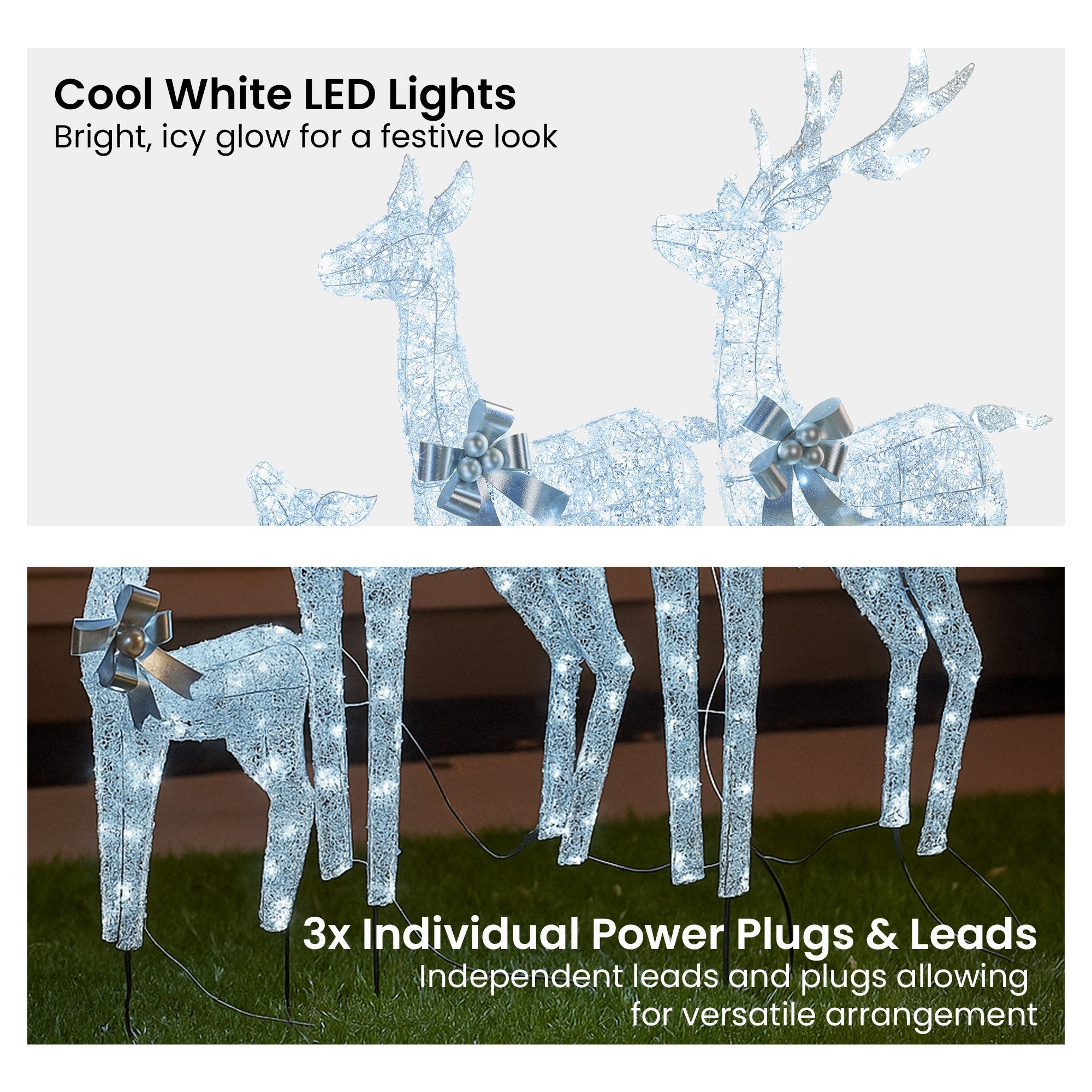 Christabelle Christmas Reindeer Display Set 3 Indoor & Outdoor Decorations Acrylic Beads Cool White LED Lights Silver