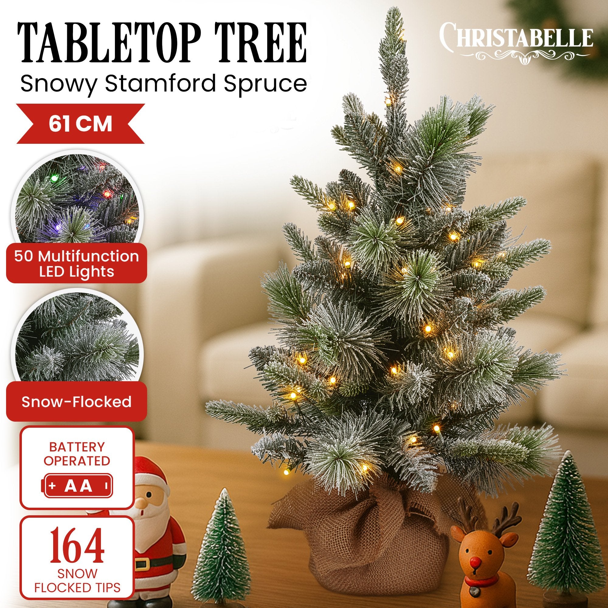Christabelle 61cm Pre-Lit Snowy Stamford Spruce Battery-Operated Mini Christmas Tree Multi-Functional LED Timer
