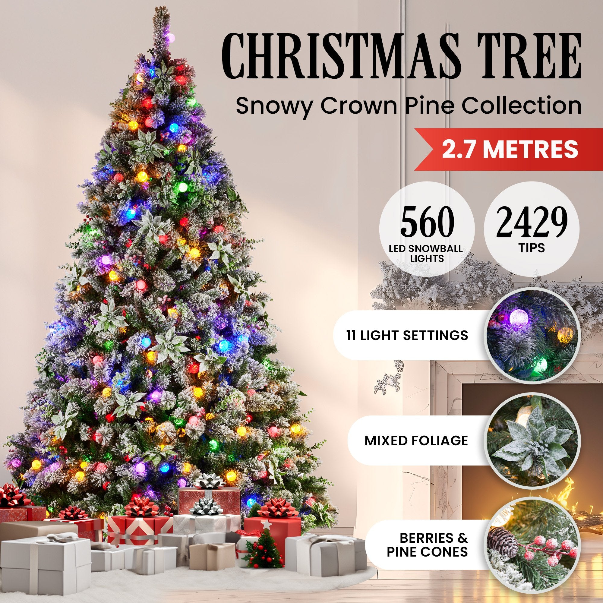 Christabelle Snowy Crown Pine 2.7m Multicolour Pre-Lit Christmas Tree with 2429 Tips