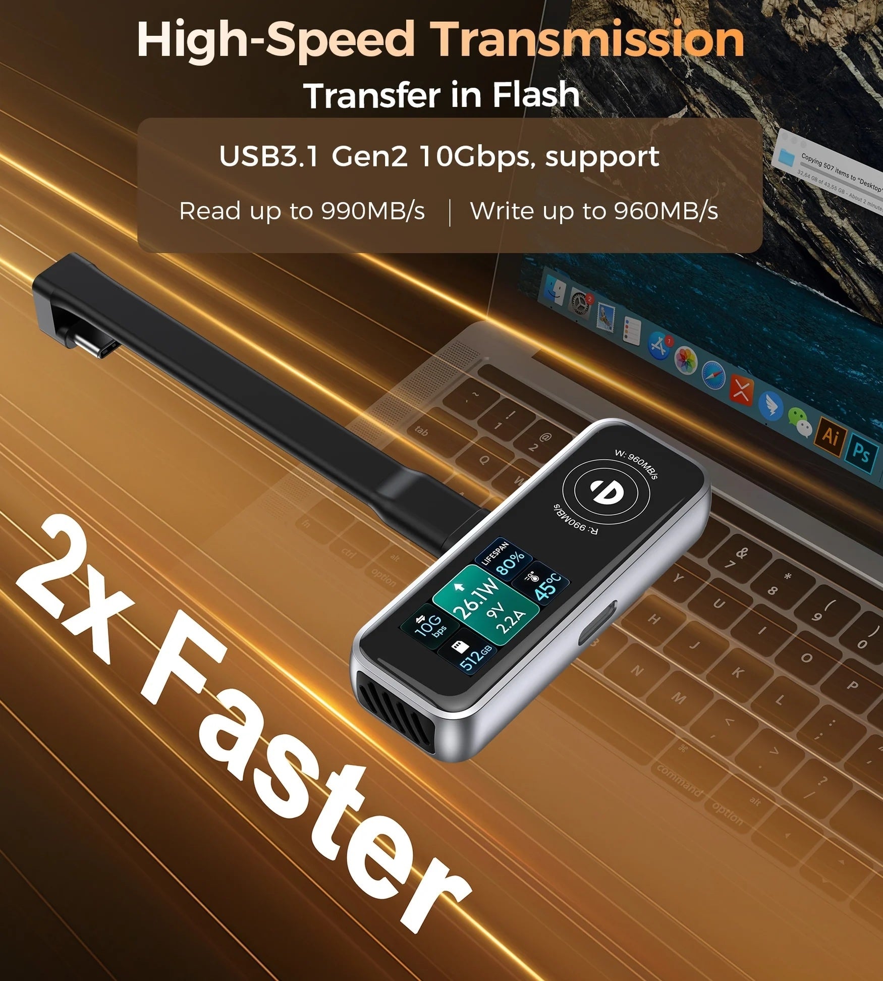 CHOETECH MSE023 Mobile Phone 512GB Portable SSD 10Gbps, Cooling Fan, for Phone Use