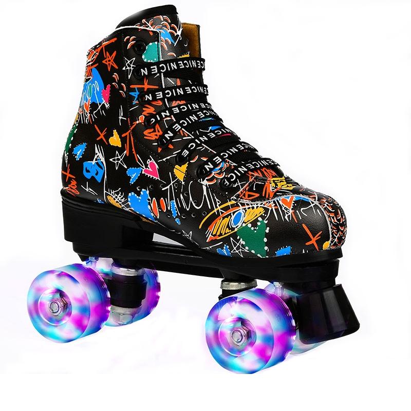 Double Row Four-wheel Roller Skating Shoes for Adult Children - Size 35 - Flash Wheel White