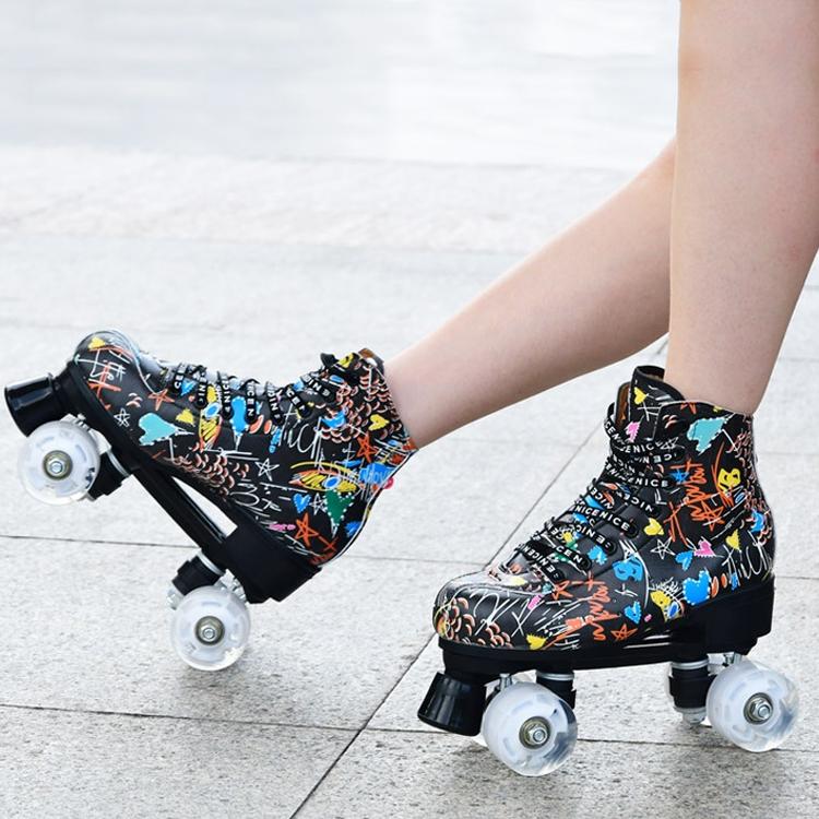 Double Row Four-wheel Roller Skating Shoes for Adult Children - Size 35 - Flash Wheel Black