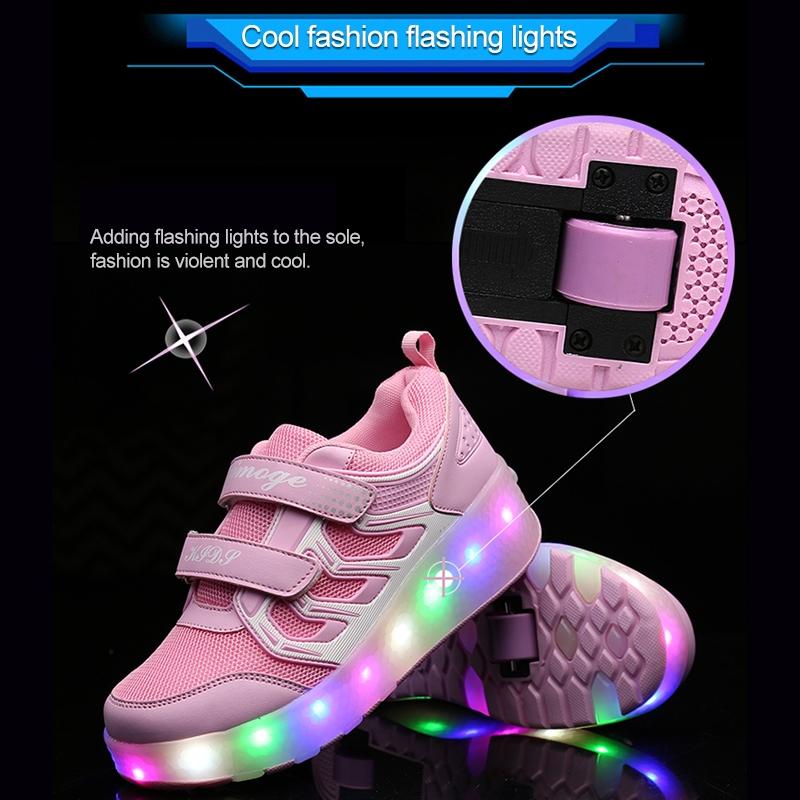 Rechargeable Double Wheel Roller Skating Shoes - Ultra Light Mesh Surface - Black