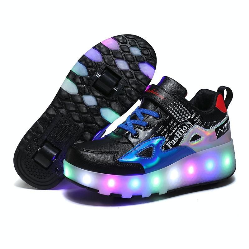 27 Rechargeable Light Skating Shoes for Kids with Two Wheels - Black And Red