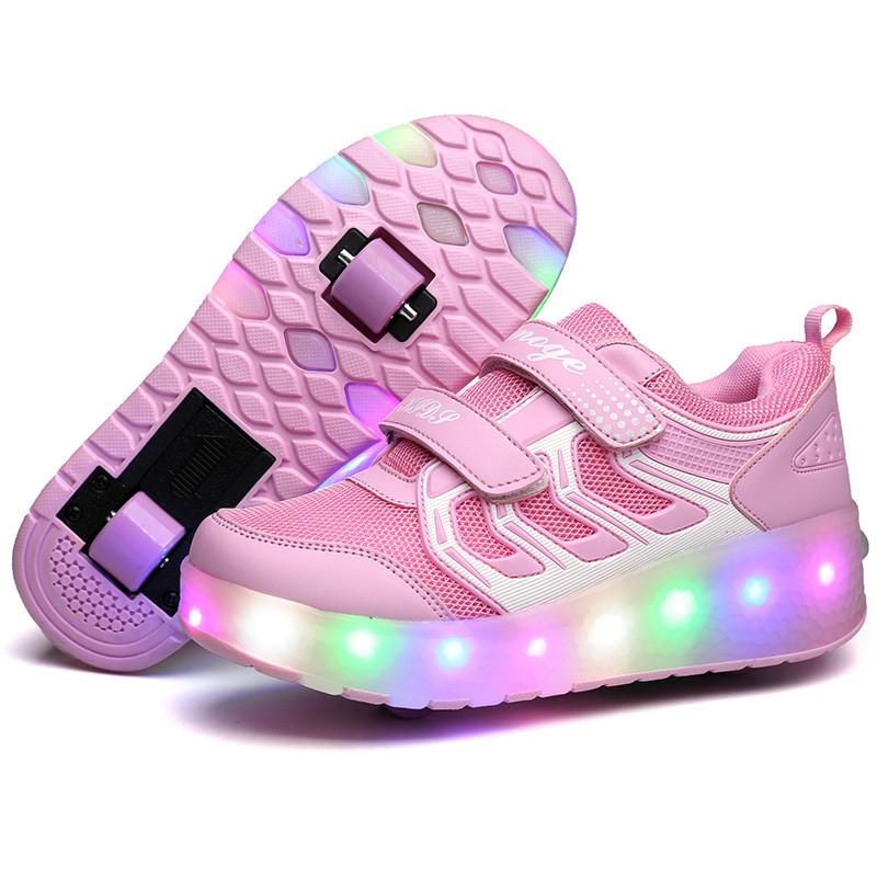 Rechargeable Double Wheel Roller Skating Shoes - Ultra Light Mesh Surface - Pink