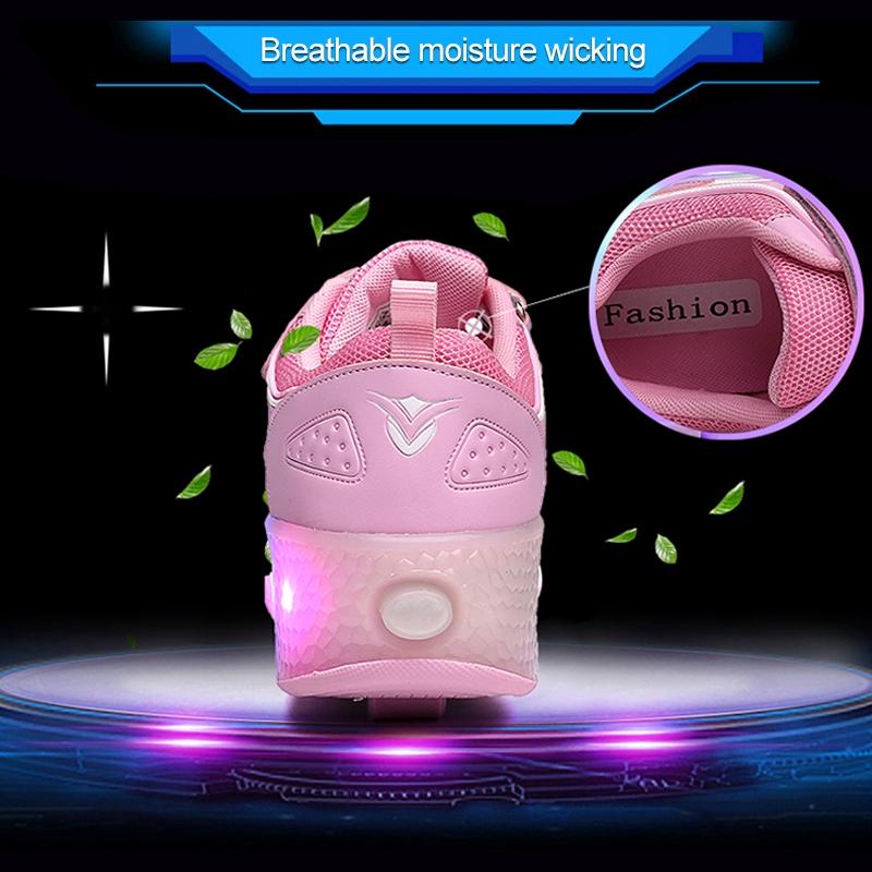 Rechargeable Double Wheel Roller Skating Shoes - Ultra Light Mesh Surface - Pink