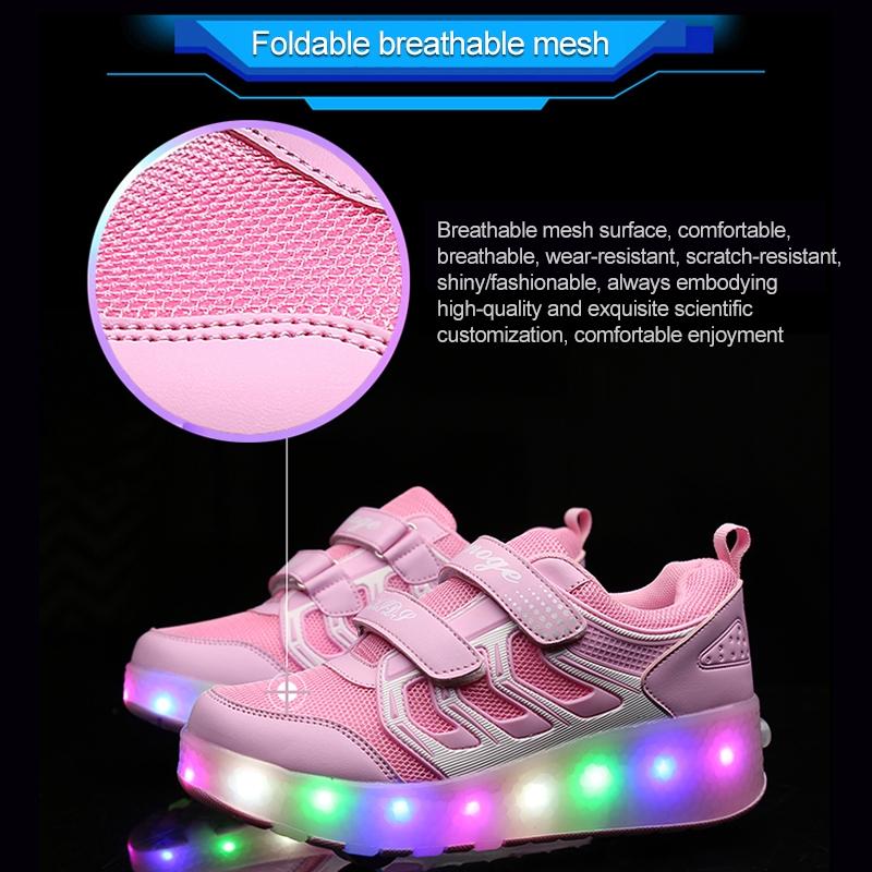Rechargeable Double Wheel Roller Skating Shoes - Ultra Light Mesh Surface - Pink