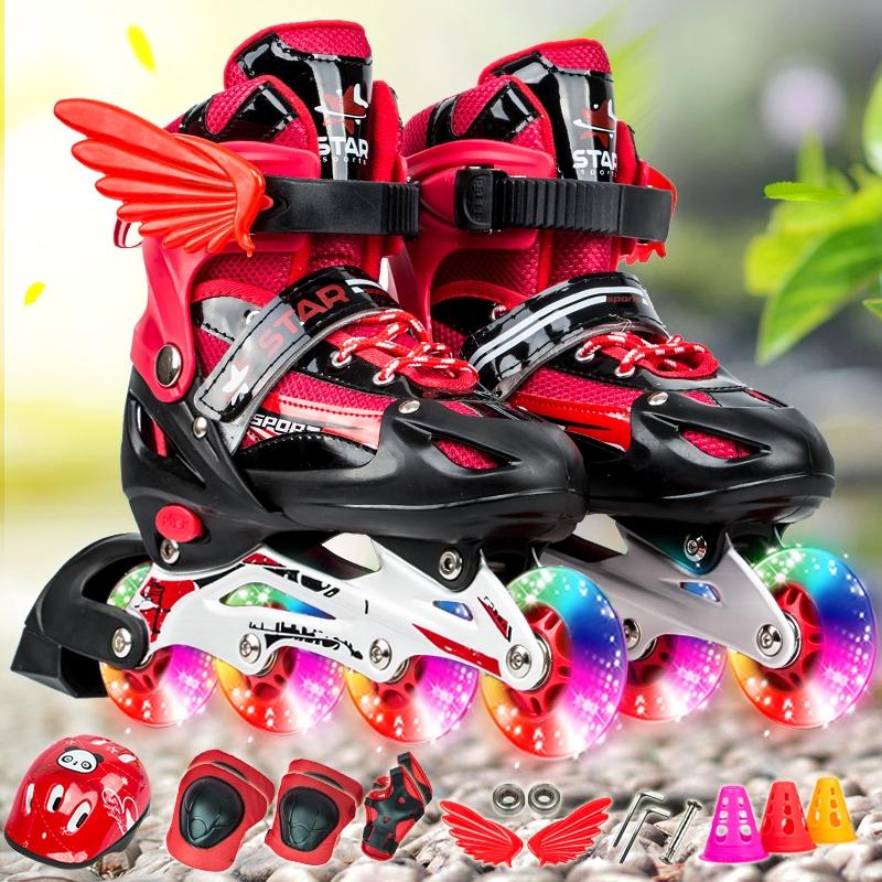 Adjustable Kids Roller Skates Set - Flash Wheels Size m - Red