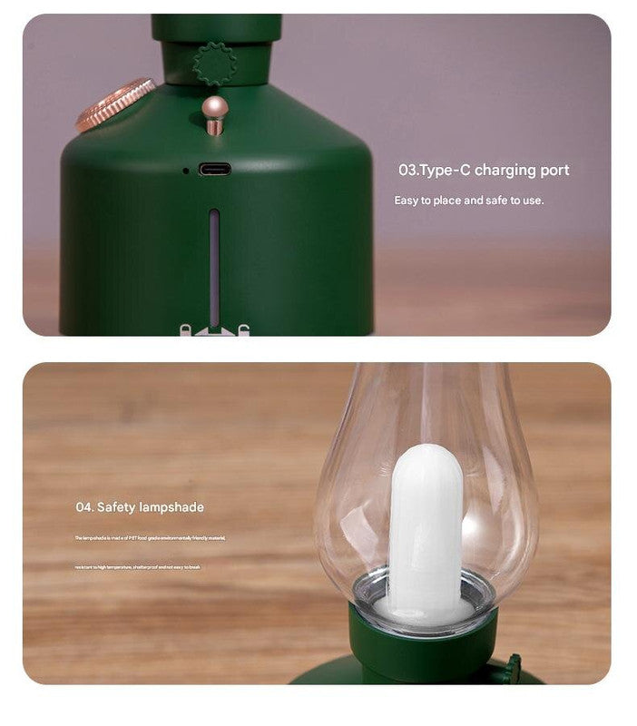 White Retro Kerosene Lamp Humidifier - Rechargeable Cool Mist Maker with Dimmable Light
