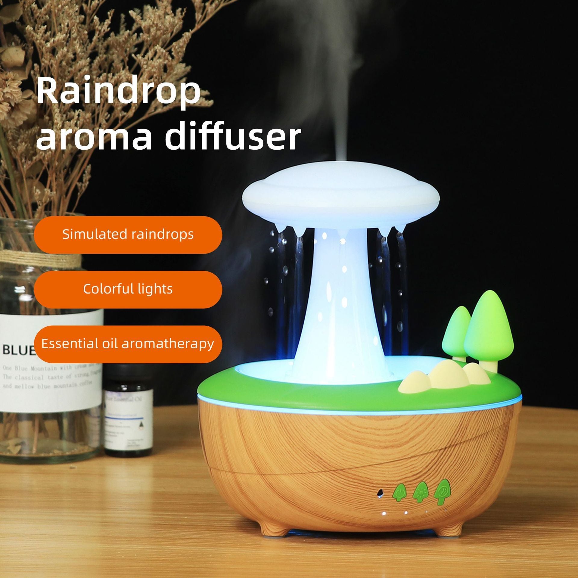 Light Woodgrain Raindrop Mushroom Aroma Diffuser - 280mL Ultrasonic Humidifier with Colorful Lights