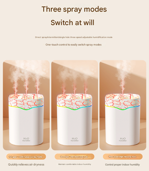 White Volcano Style 2L Cool Mist Humidifier - Triple Nozzle with RGB LED & Quiet Operation