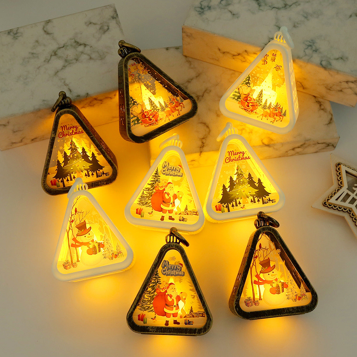 Bronze color Christmas tree Charming Christmas Scene Mini Lanterns (Set of 3) - Battery Operated LED Lights for a Cozy Holiday Glow