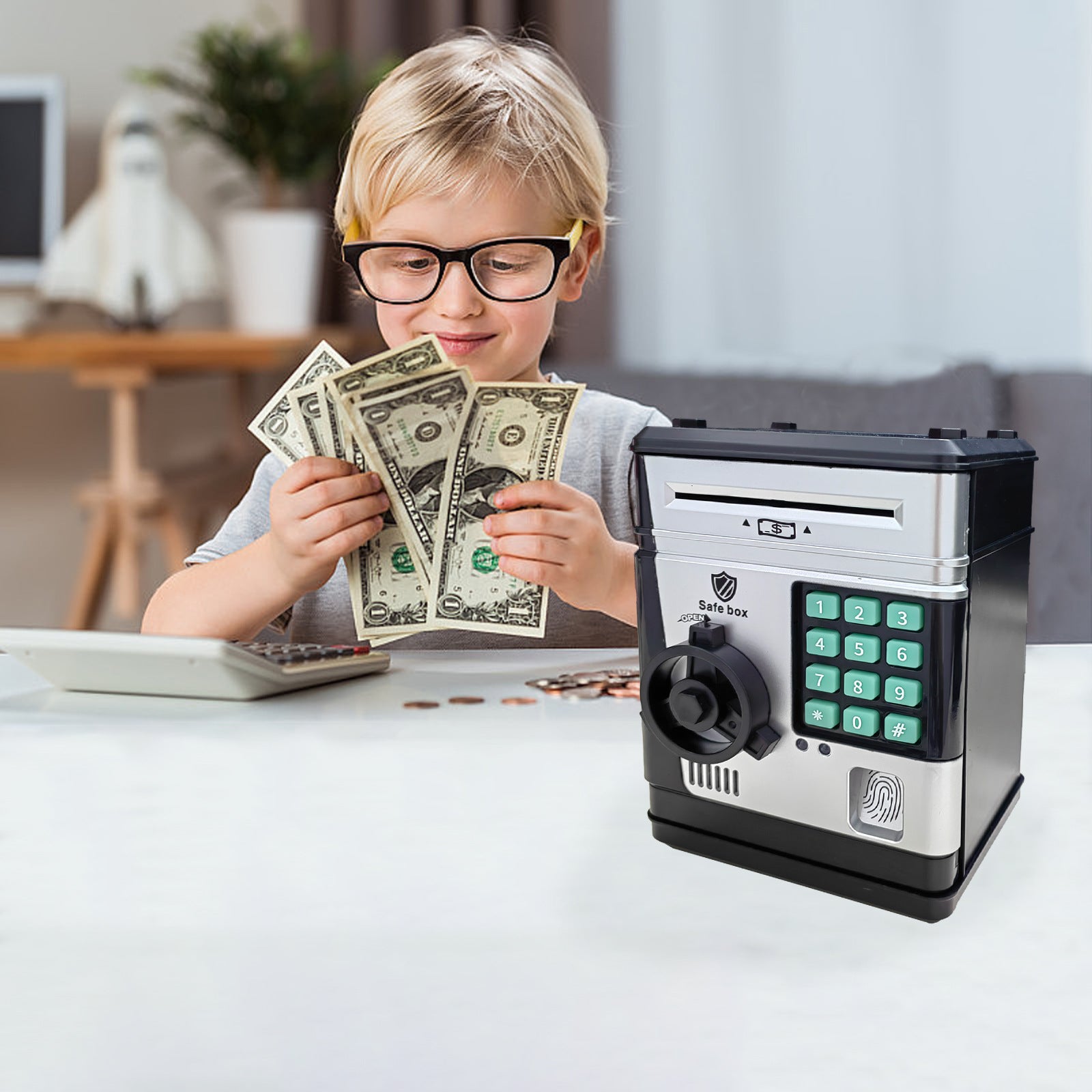 Electronic Piggy Bank Safe Box for Kids - Automatic Bill & Coin Bank with Password Protection, Music & Lights(black)