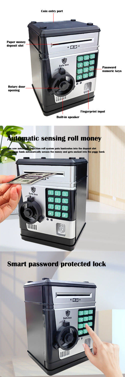 Electronic Piggy Bank Safe Box for Kids - Automatic Bill & Coin Bank with Password Protection, Music & Lights(black)