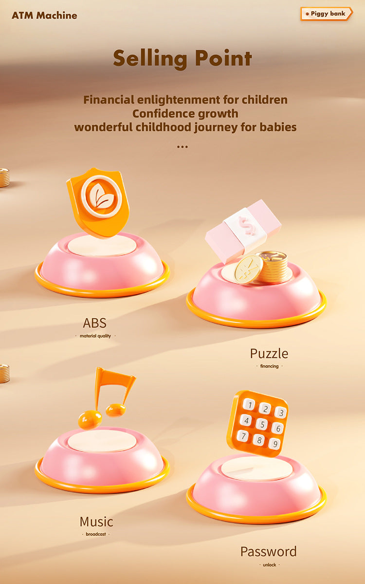 Kids Electronic ATM Piggy Bank with Simulated Facial Recognition & Password - Auto Roll-in Banknote & Coin Money Box for Financial Learning(blue)