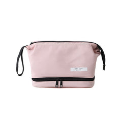 Pink Chic Dual-Compartment Makeup & Toiletry Bag - Large Capacity Travel Organizer with Brush Holder