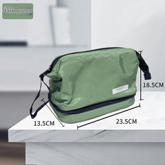 Dark Green Chic Dual-Compartment Makeup & Toiletry Bag - Large Capacity Travel Organizer with Brush Holder