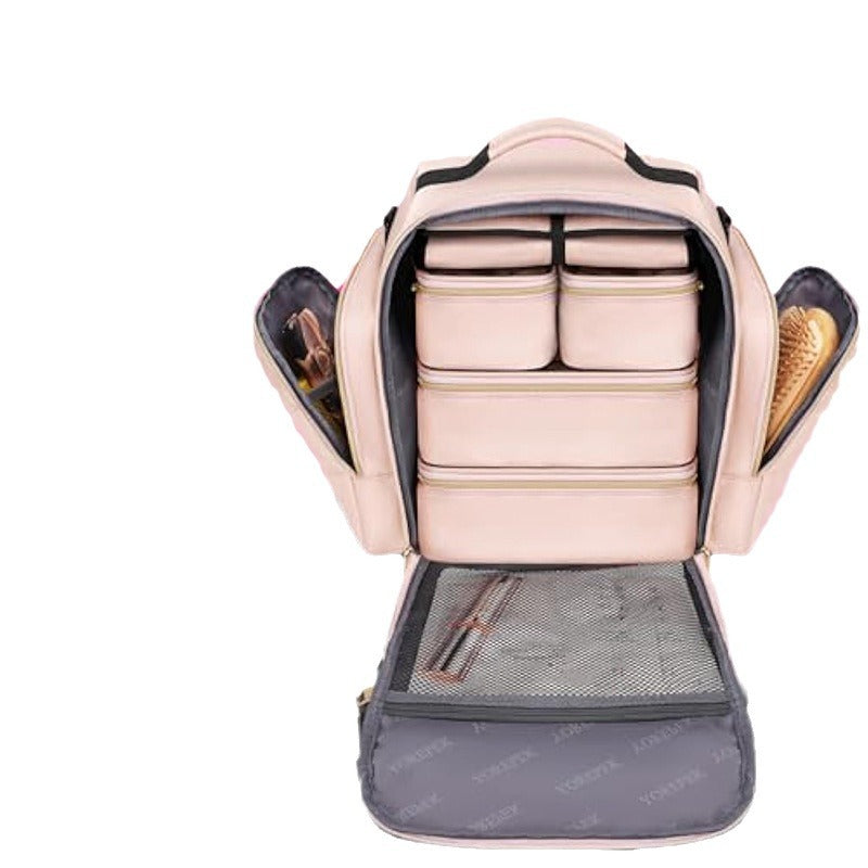 Large Capacity Travel Makeup Backpack with 5 Removable Organizer Cases & Jewelry Roll(pink)