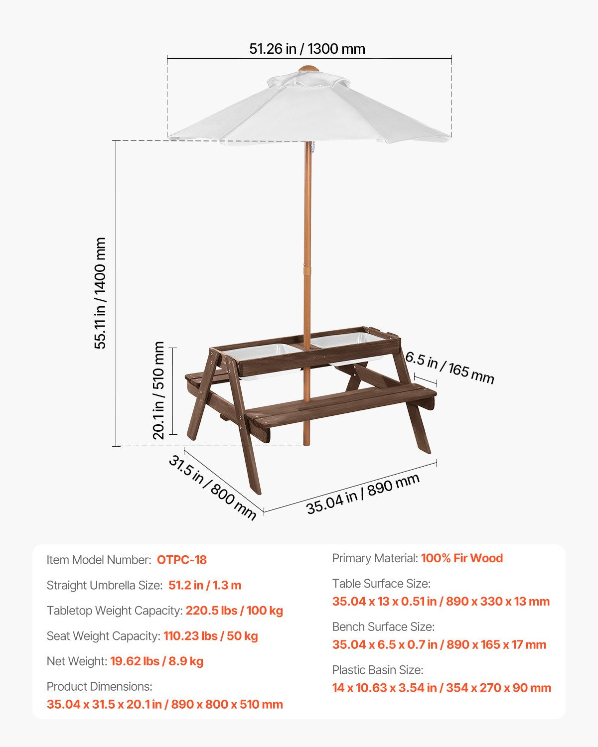 VEVOR Picnic Table Wooden Tables and Bench Set Umbrella Garden Indoor Outdoor