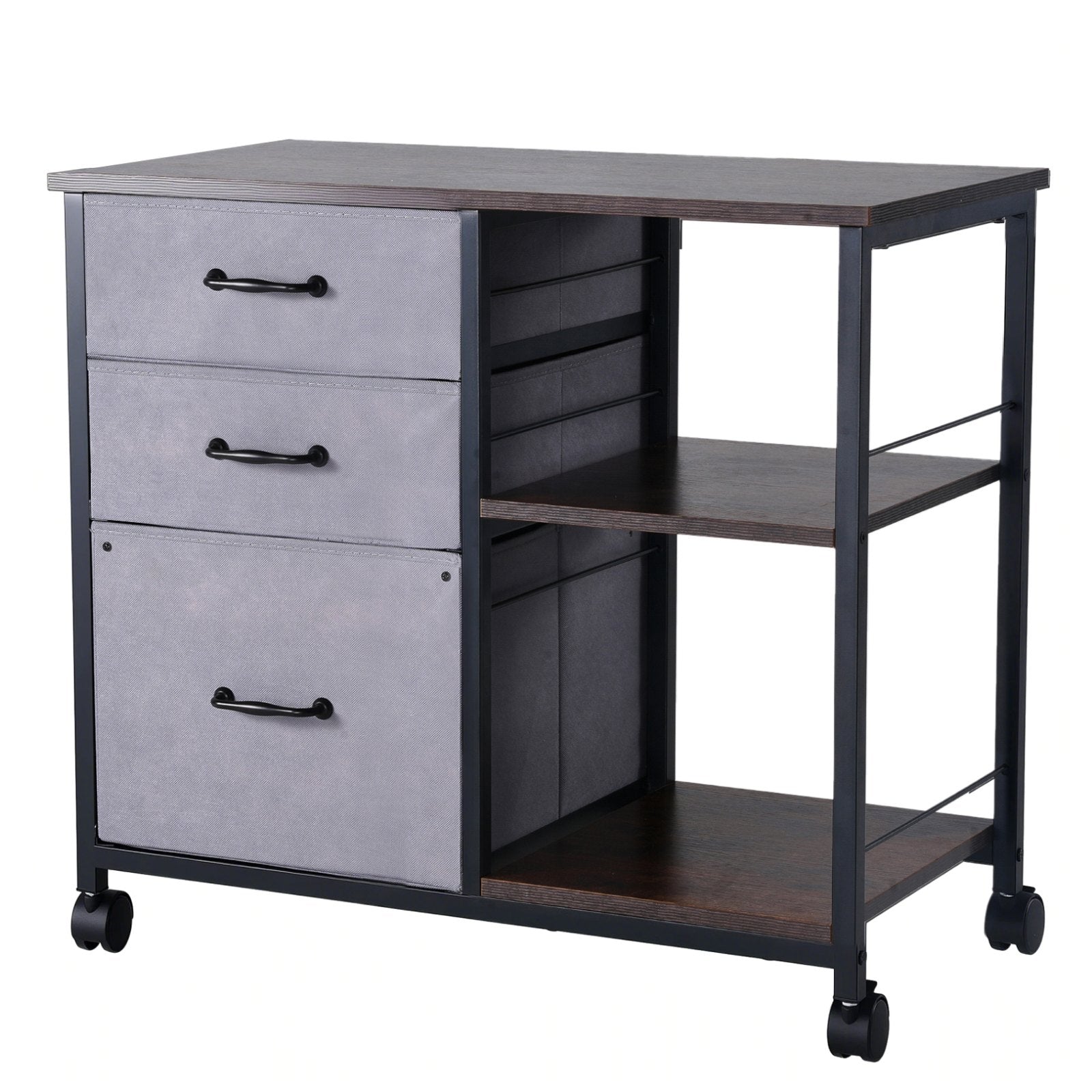 VEVOR Mobile Metal File Cabinet with 3 Fabric Drawers and 2 Open Shelves Brown