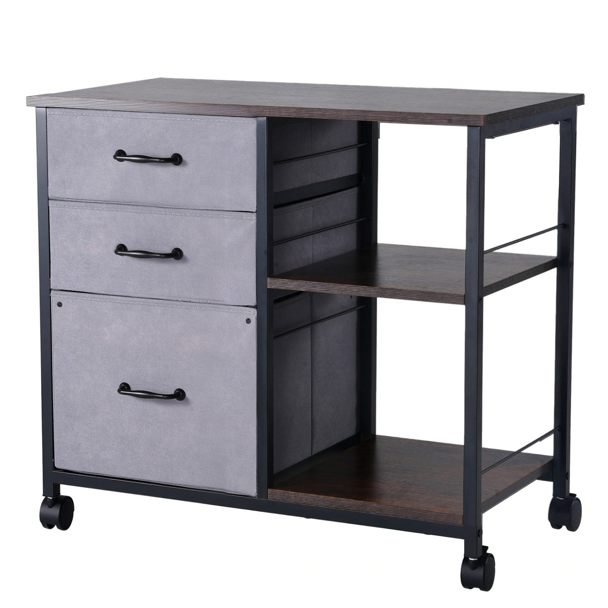 VEVOR Mobile Metal File Cabinet with 3 Fabric Drawers and 2 Open Shelves Brown