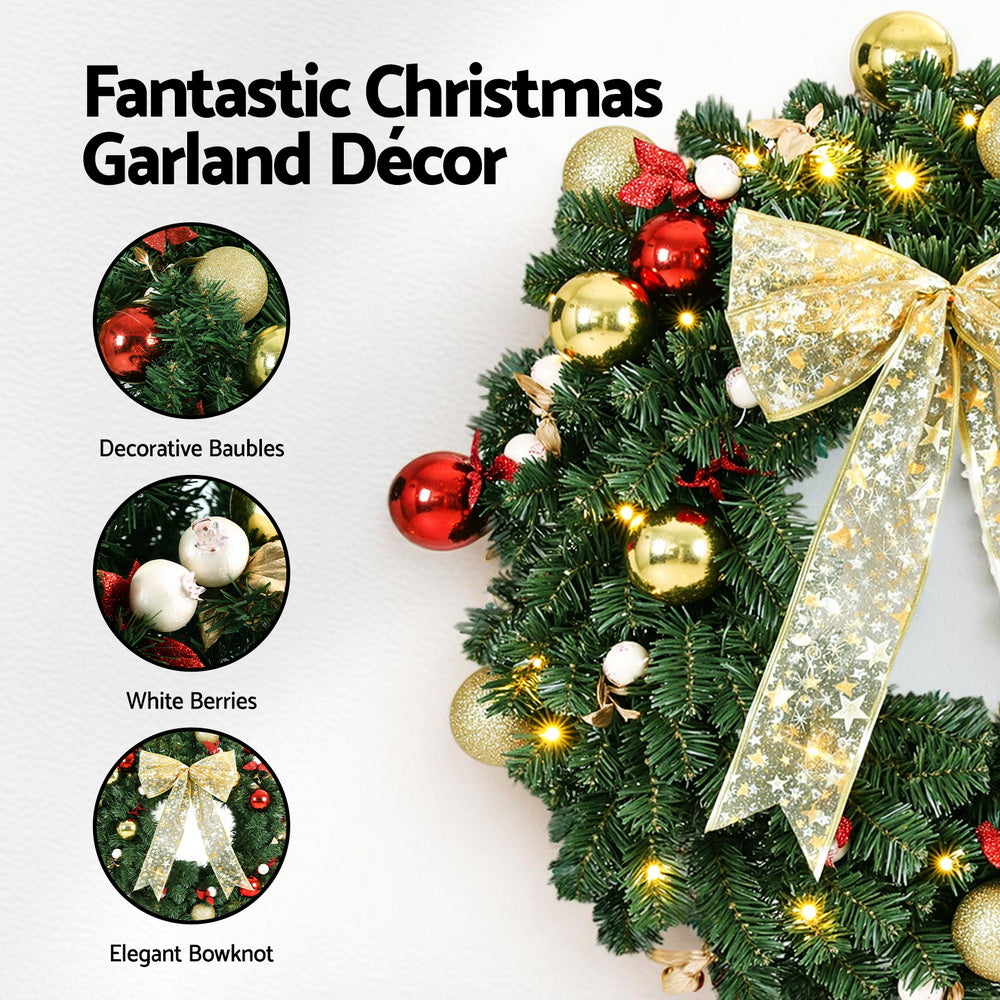 Jingle Jollys Christmas Wreath 60CM LED Garland Berries Bow Baubles Xmas Decor